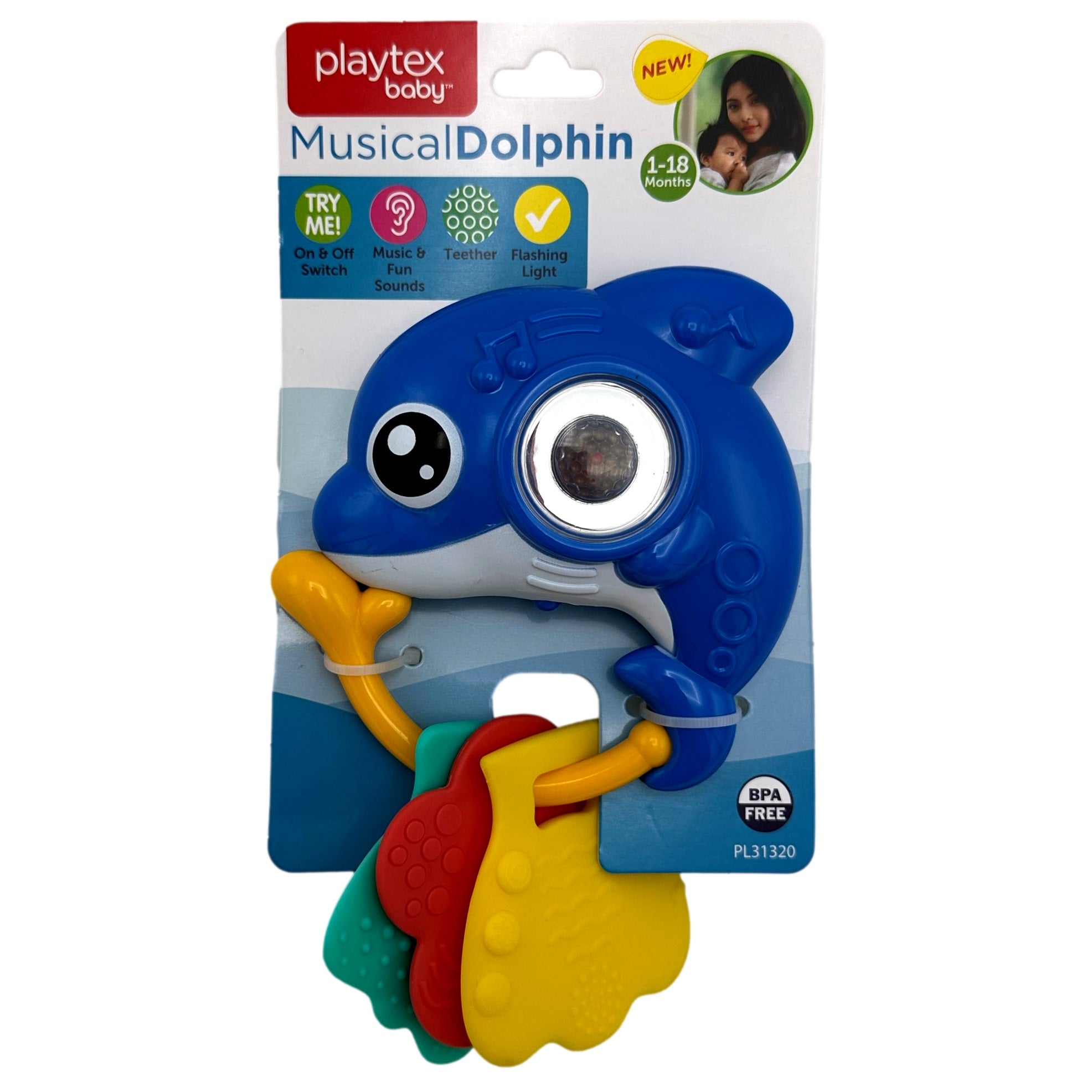 Blue and white playtex baby musical dolphin toy with colorful keys.